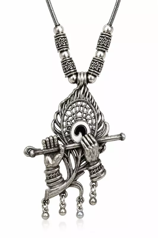 Oxidized Silver Krishna Flute Pendant Necklace for Women