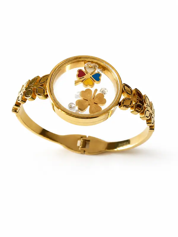 Gold Flower Locket Bracelet with Colorful Enamel Accents