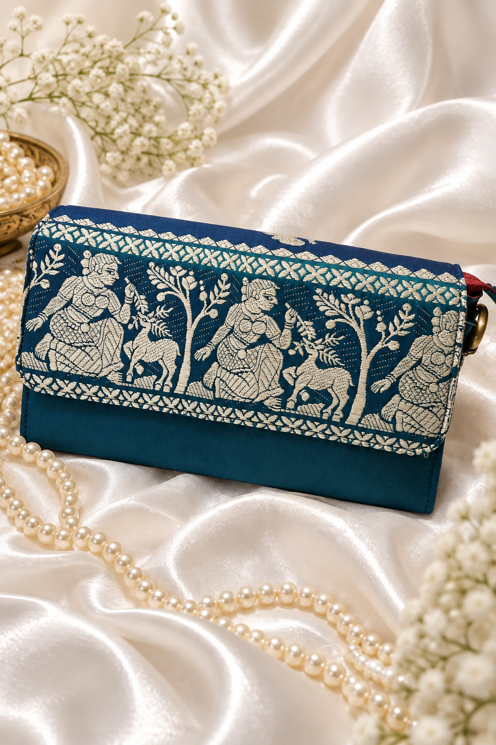 Peacock Blue-Green Dual-Tone Baluchari Silk Sling Bag