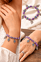 Beaded Evil Eye and Hamsa Charm Bracelet with Leaf Pendants | Korean Bracelet