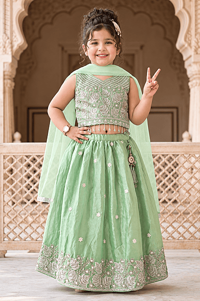 Mint Blossom Princess Embroidered Festive Lehenga Choli Set for Girls