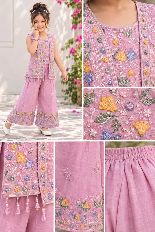Pink Blossom Designer Embroidered Sharara Set for Girls