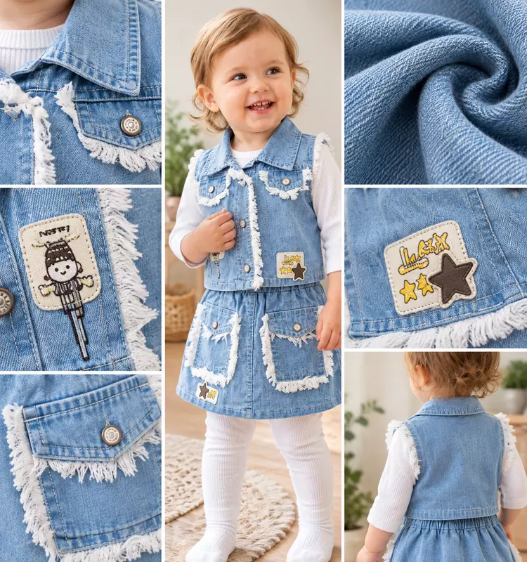 Girls 4-Piece Denim Jacket, Skirt, Top & Leggings Set
