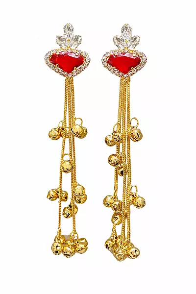 Red Heart Long Drop Brass Earrings with Crystal and Ghungroo Chains | Kashmiri Earrings