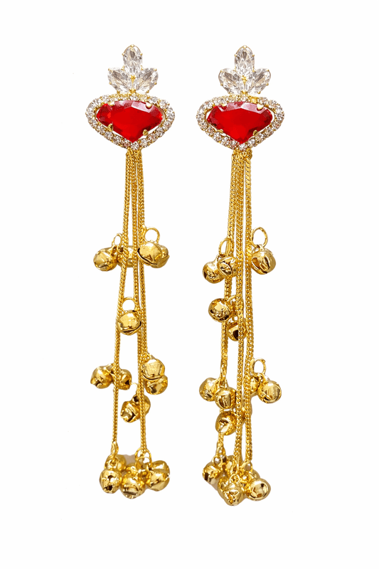 Red Heart Long Drop Brass Earrings with Crystal and Ghungroo Chains | Kashmiri Earrings