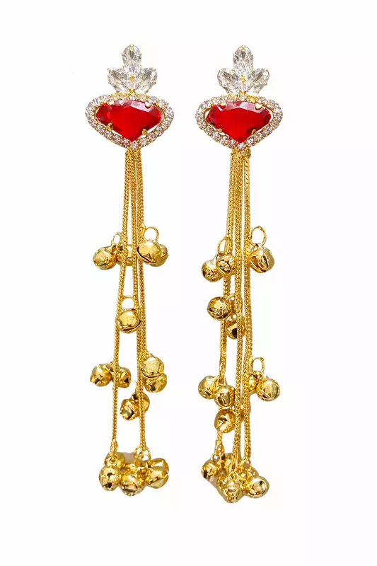 Red Heart Long Drop Brass Earrings with Crystal and Ghungroo Chains | Kashmiri Earrings