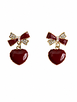 Maroon Heart Drop Earrings with Crystal Bow Accent