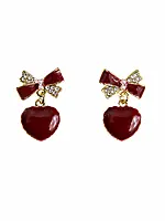 Maroon Heart Drop Earrings with Crystal Bow Accent