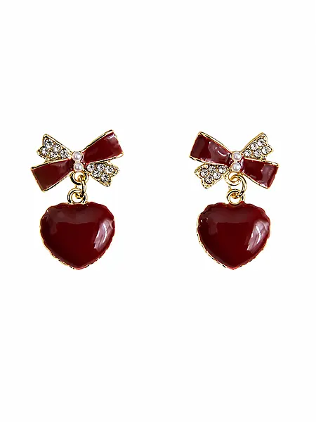 Maroon Heart Drop Earrings with Crystal Bow Accent