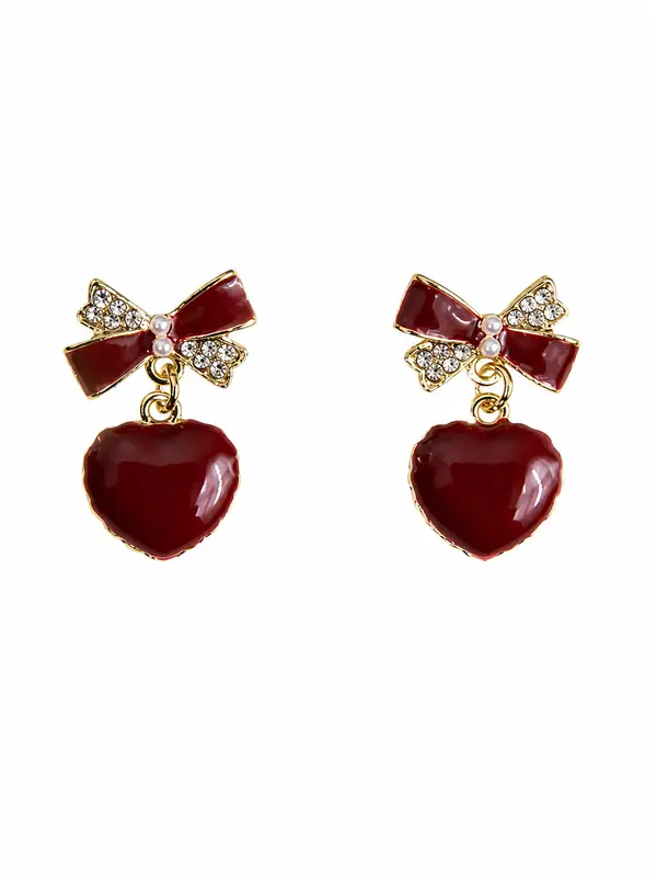 Maroon Heart Drop Earrings with Crystal Bow Accent