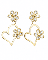 Crystal Flower Heart Drop Earrings in Gold