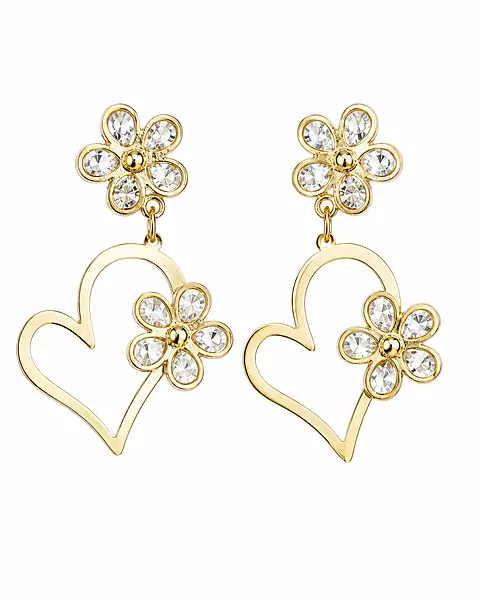 Crystal Flower Heart Drop Earrings in Gold