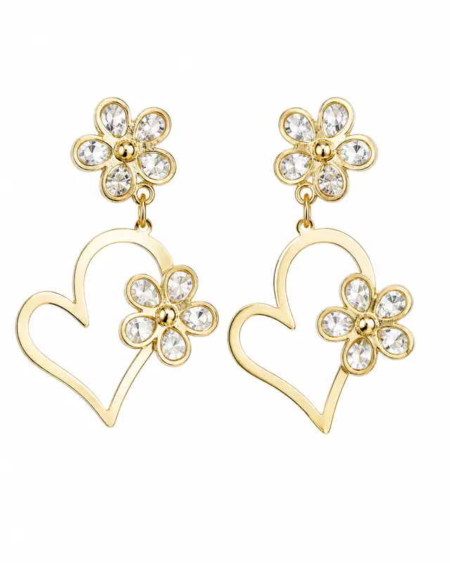 Crystal Flower Heart Drop Earrings in Gold