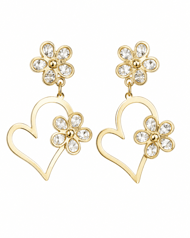 Crystal Flower Heart Drop Earrings in Gold