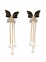 Black Butterfly Pearl Tassel Earrings with Crystal Accents in Gold