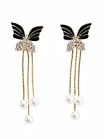 Black Butterfly Pearl Tassel Earrings with Crystal Accents in Gold