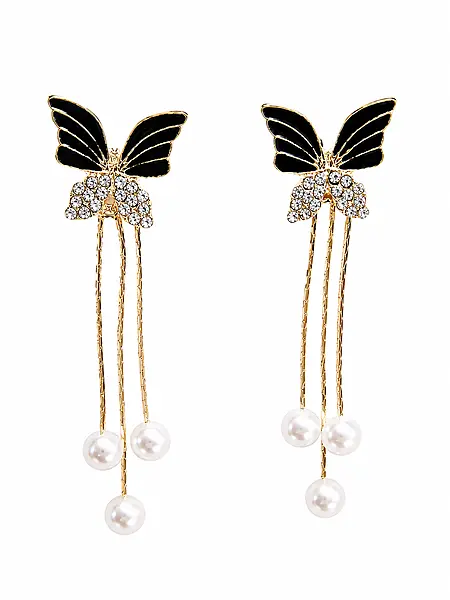 Black Butterfly Pearl Tassel Earrings with Crystal Accents in Gold