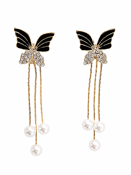 Black Butterfly Pearl Tassel Earrings with Crystal Accents in Gold