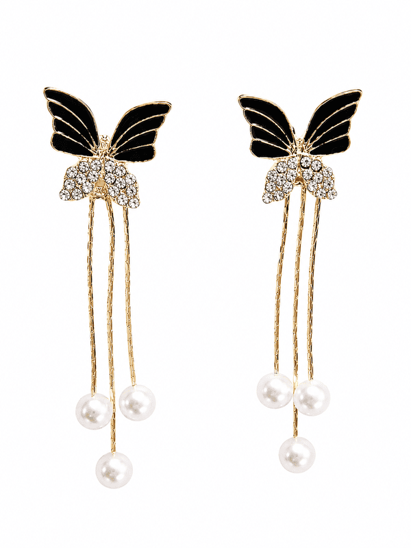 Black Butterfly Pearl Tassel Earrings with Crystal Accents in Gold