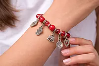 Red Beaded Charm Bracelet with Silver Tree, Elephant, and Heart Pendants