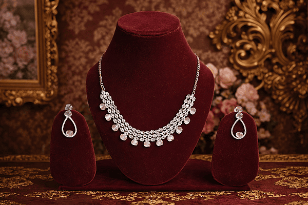 Silver and Pink Crystal Necklace Set with Matching Earrings