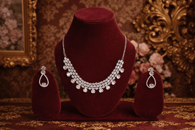 Silver and Pink Crystal Necklace Set with Matching Earrings