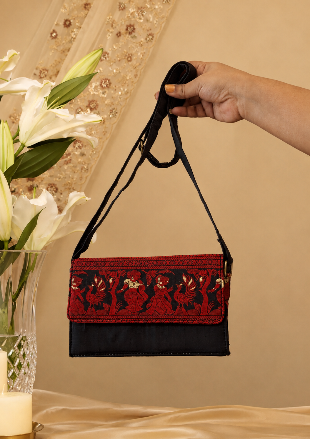 Black & Red Baluchari Pure Silk Sling Purse Black & Red Baluchari Pure Silk Sling Purse
