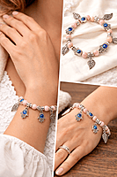 Beaded Evil Eye and Hamsa Charm Bracelet with Leaf Pendants | Korean Bracelet