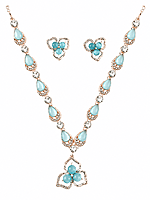 Turquoise Teardrop Necklace and Floral Earrings Set - Light Blue