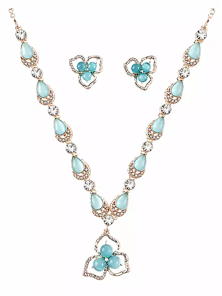 Turquoise Teardrop Necklace and Floral Earrings Set - Light Blue