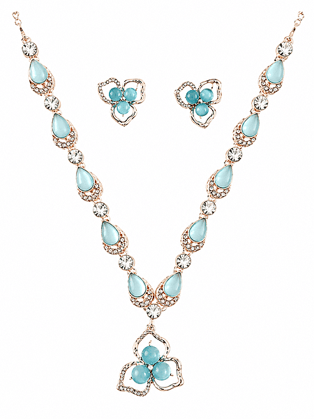 Turquoise Teardrop Necklace and Floral Earrings Set - Light Blue