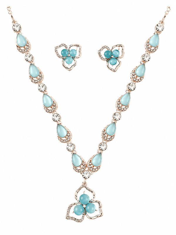 Turquoise Teardrop Necklace and Floral Earrings Set - Light Blue