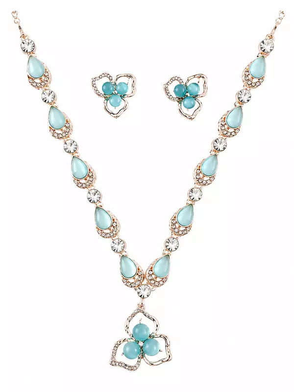 Turquoise Teardrop Necklace and Floral Earrings Set - Light Blue