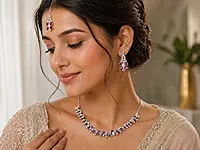 Crystal Necklace, Earrings, and Maang Tikka Set - Silver