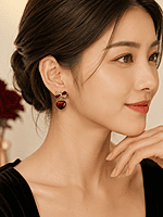 Maroon Heart Drop Earrings with Crystal Bow Accent
