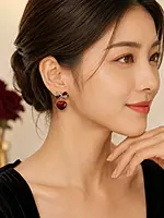 Maroon Heart Drop Earrings with Crystal Bow Accent
