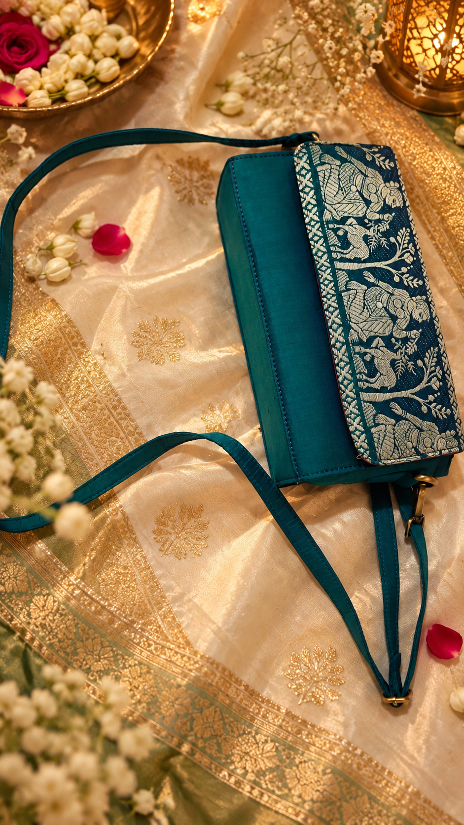 Peacock Blue-Green Dual-Tone Baluchari Silk Sling Bag