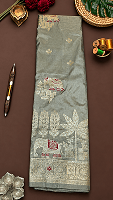 Powder Grey Banarasi Saree with Golden Zari & Meena Elephant-Peacock Motifs Powder Grey Banarasi Saree with Golden Zari & Meena Elephant-Peacock Motifs