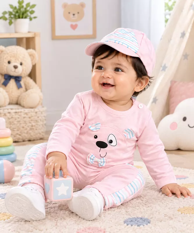 Mint Green Little Bear Printed Baby Boy Co-Ord Set with Cap