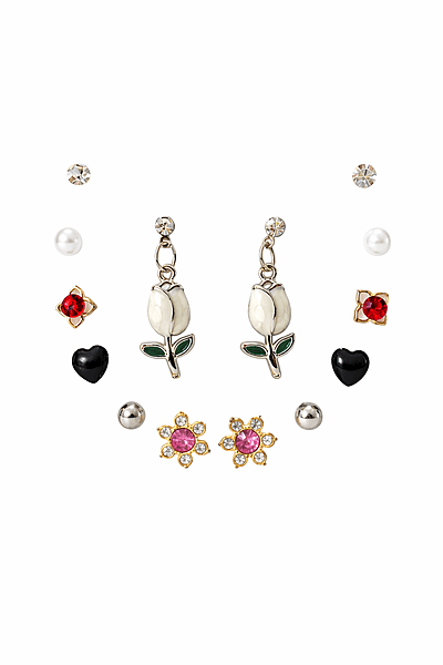 Silver Rose Drop and Multi-Stud Earring-Combo | Korean Style