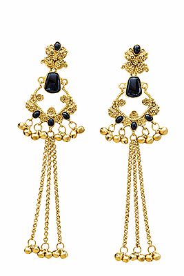 Blue Stone Long Chandbali Brass Earrings with Ghungroo Chains | Kashmiri Earrings