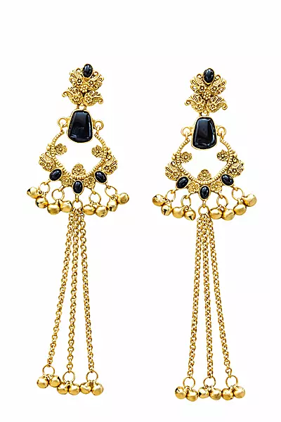 Blue Stone Long Chandbali Brass Earrings with Ghungroo Chains | Kashmiri Earrings