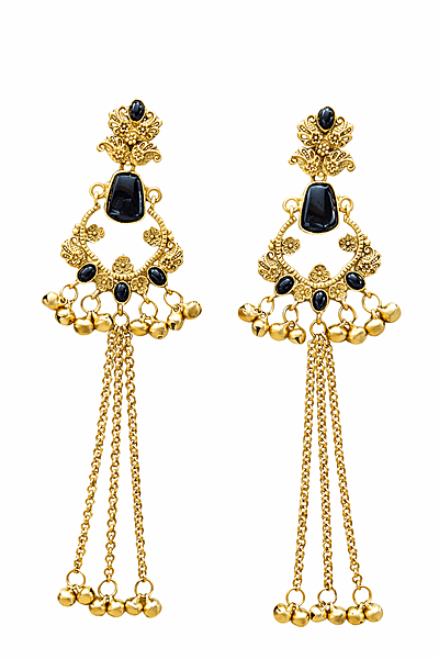 Blue Stone Long Chandbali Brass Earrings with Ghungroo Chains | Kashmiri Earrings