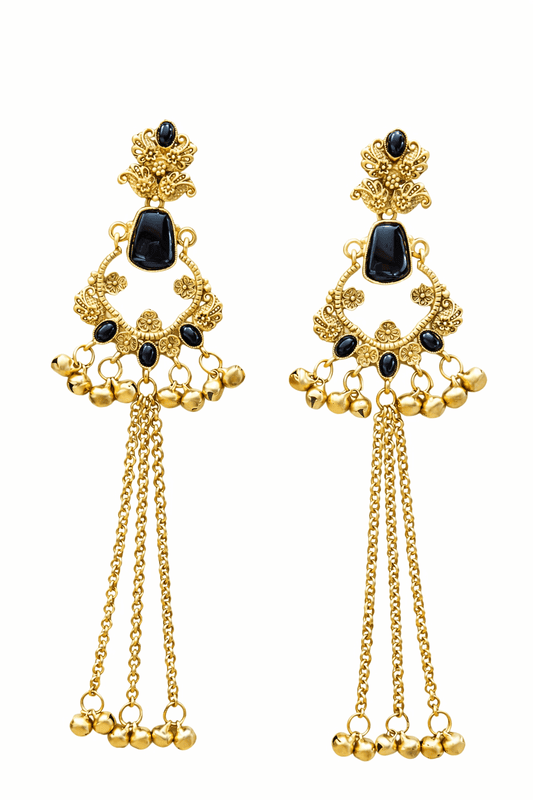 Blue Stone Long Chandbali Brass Earrings with Ghungroo Chains | Kashmiri Earrings