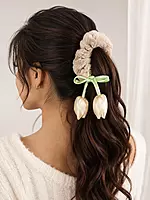 Plush Fur Hair Scrunchies with Floral Ribbon Charms