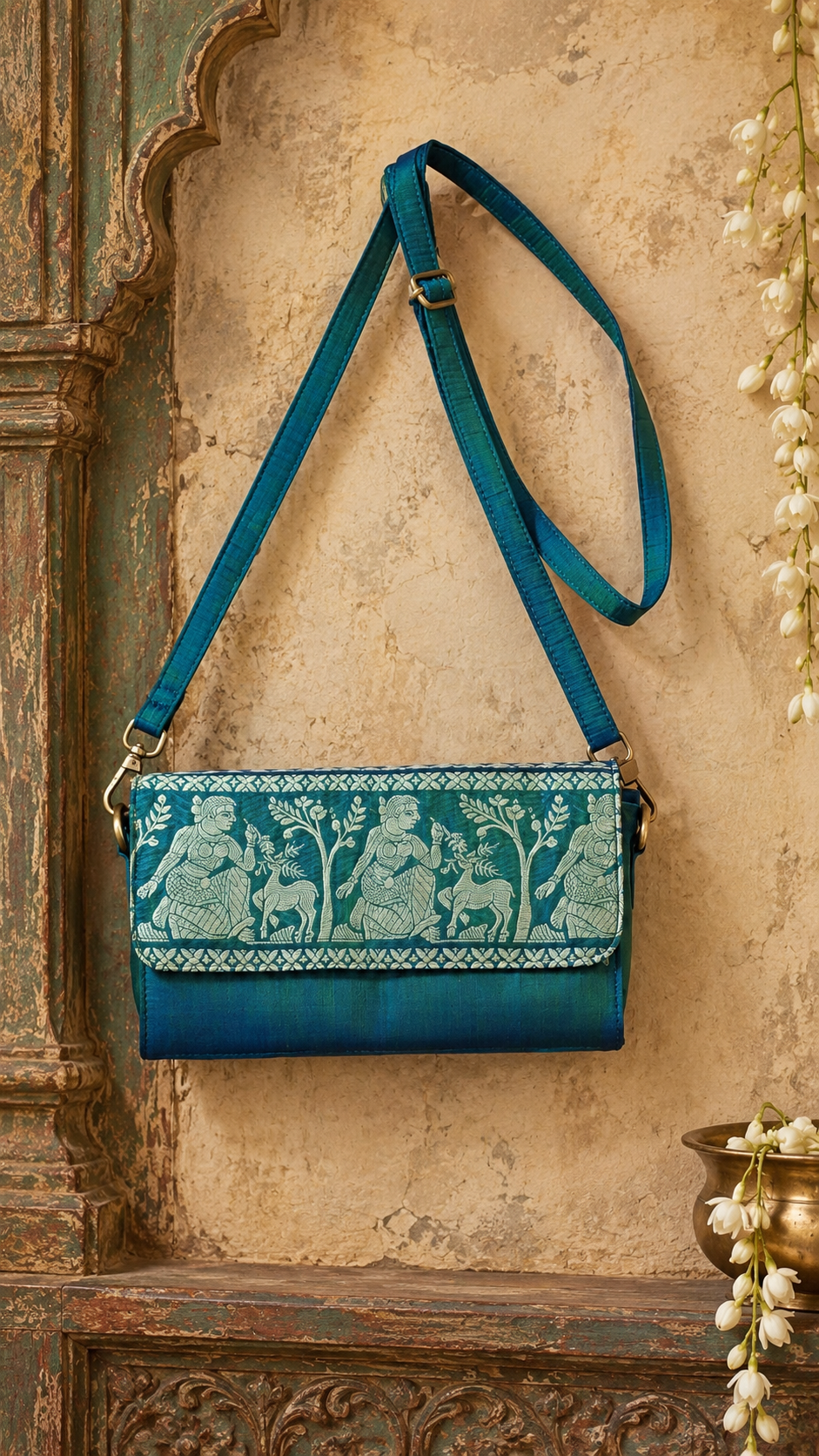 Peacock Blue-Green Dual-Tone Baluchari Silk Sling Bag