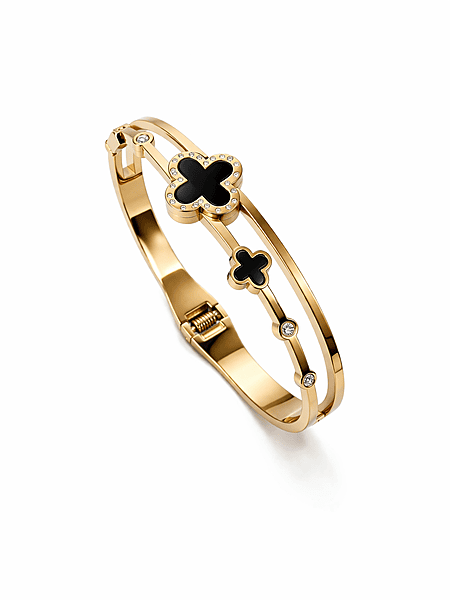 Gold Plated Clover Design Bracelet with Black Enamel and Crystals