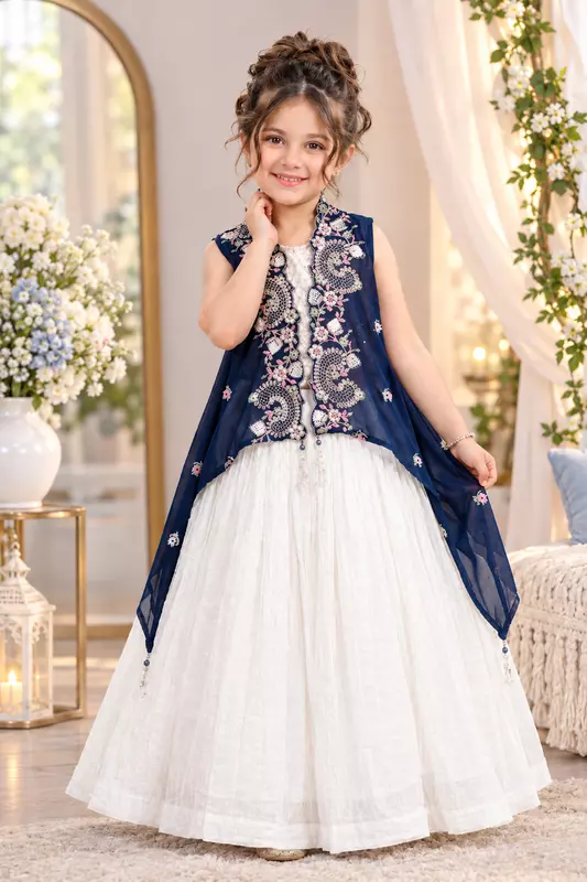 Girls Navy Blue Embroidered Anarkali Lehenga Set with White Skirt