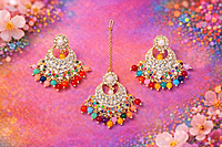 Multicolor Kundan Beaded Chandbali Earrings & Maang Tikka Set