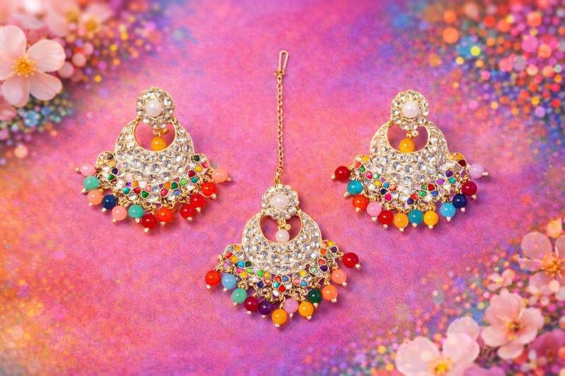 Multicolor Kundan Beaded Chandbali Earrings & Maang Tikka Set